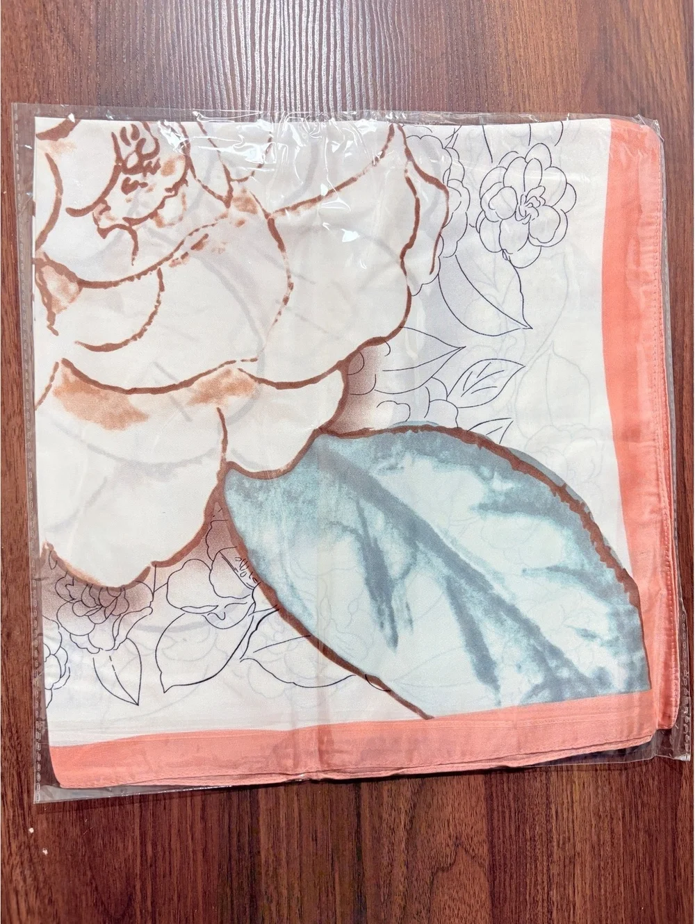 Elegant Floral Print Scarf with Coral Border
